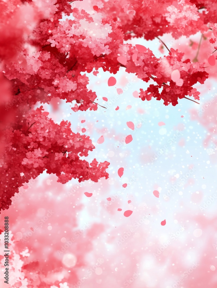 Obraz premium Red cherry blossom branches with falling petals on light sky background