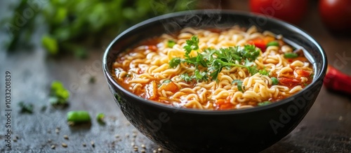 A steaming bowl of tomato noodle soup with fresh cilantro garnish.