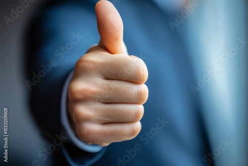 Endorsement or recommendation for employee or product, high quality approval, public support or positive satisfaction evaluation concept, businessman hand giving thumb up honor endorsement, Generative