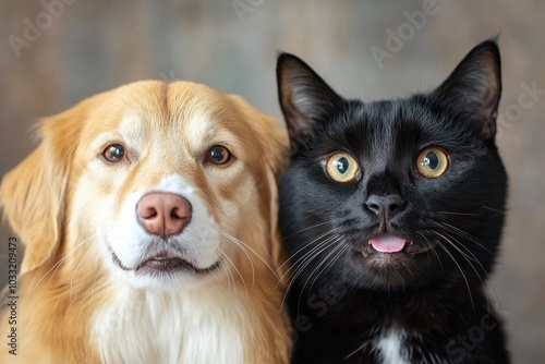Golden retriever and black cat sitting together with blurred background