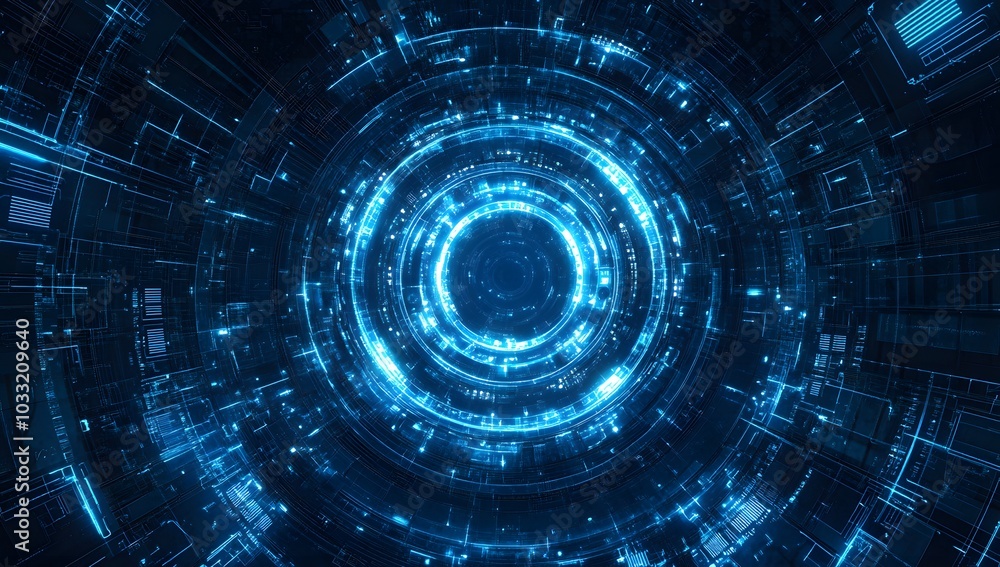 Abstract futuristic background with blue glowing circular elements and holographic technological patterns, creating an immersive digital environment for design projects Abstract futuristic background with blue glowing circular elements and holographic technological patterns, creating an immersive digital environment for design projects