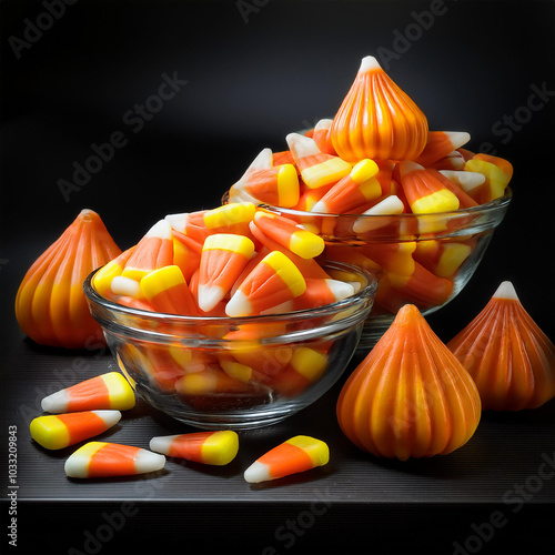 캔디콘, candy corn, 할로윈 캔디, Halloween candy, 삼색 캔디, tri-colored candy, 노란색, yellow, 주황색, orange, 하얀색, white, 달콤한 맛, sweet flavor, 설탕 캔디, sugar candy, 옥수수 모양, corn-shaped, 고전적인 할로윈 간식, classic Halloween t photo