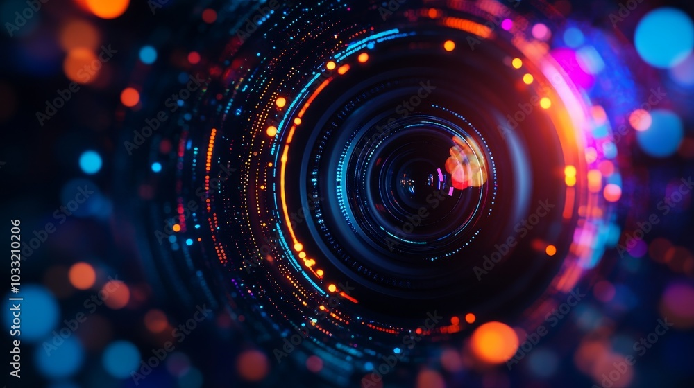 Close-up of a rearview camera lens surrounded by holographic parking assistance lines, vibrant colors, glowing blue tech interface, 3D illustration Close-up of a rearview camera lens surrounded by holographic parking assistance lines, vibrant colors, glowing blue tech interface, 3D illustration