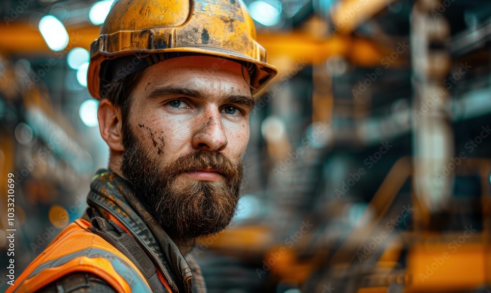 A worker in a hard hat looks intently at the camera. AI. A worker in a hard hat looks intently at the camera. AI.