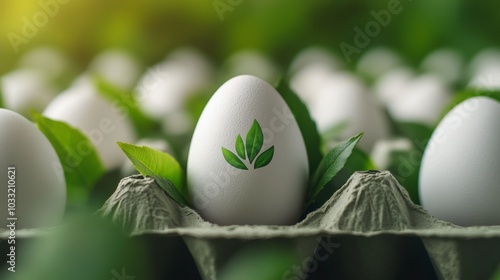 Close-up of compostable egg packaging, embossed logo, textured carton, organic shapes, green foliage accents, Natural, High detail, Soft focus photo