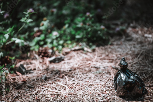 Bagged dog poop left on the side of a hiking trail.  photo