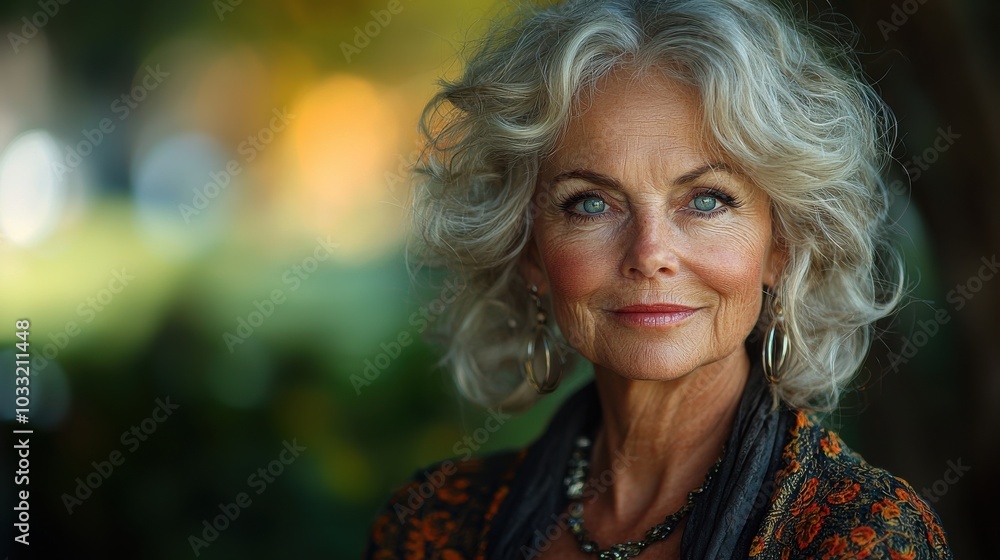 A thoughtful older woman with silver curls stands outdoors, enjoying the natural light in a serene garden setting during late afternoon A thoughtful older woman with silver curls stands outdoors, enjoying the natural light in a serene garden setting during late afternoon
