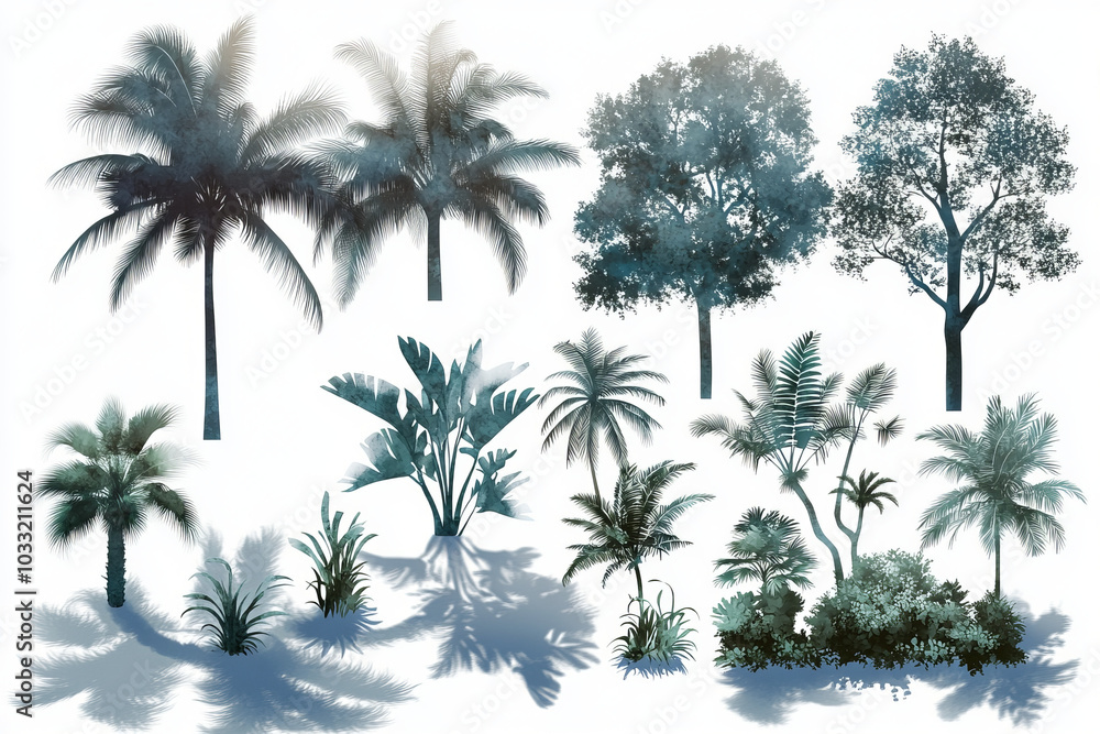 Fototapeta premium Collection of tropical palm trees and plants with shadows on white background