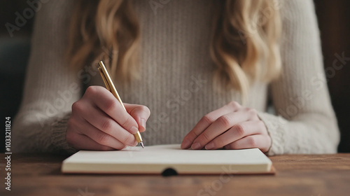 Woman Writing in a Notebook on a Wooden Desk