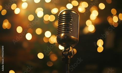 Vintage microphone with blurred lights in background.