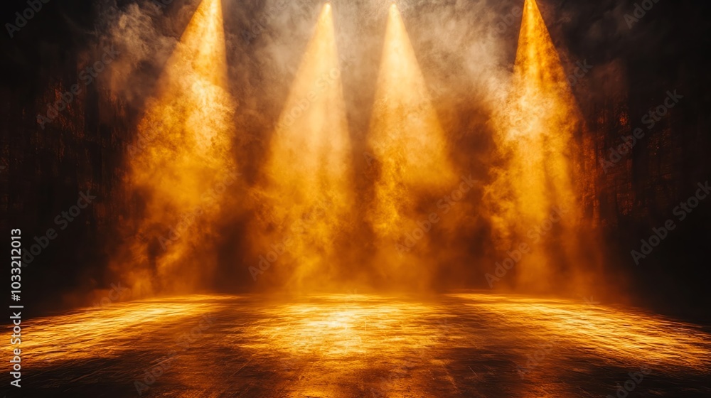 Bright golden lights with mist creating a dramatic atmospheric effect. Bright golden lights with mist creating a dramatic atmospheric effect.
