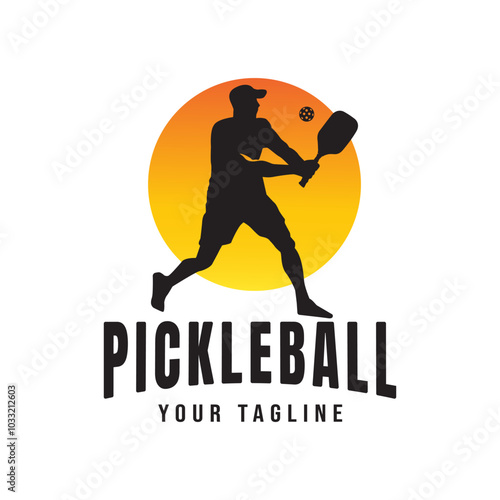 Male Pickle ball Player Design Holding Paddle on Sunset Background Vector Illustration