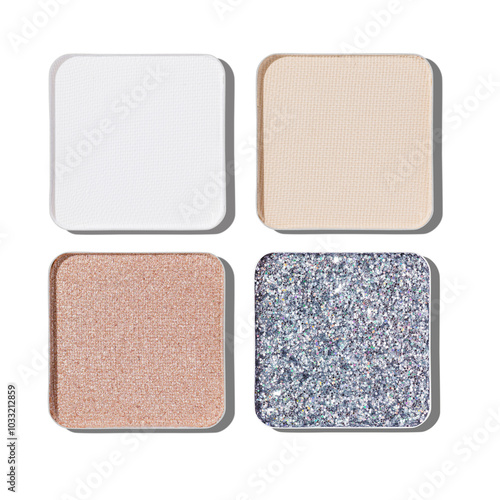 Quadro em tela Close-up top view pattern eyeshadow pans in neutral colors, beige, brown and sparkly gray shades isolated on white background