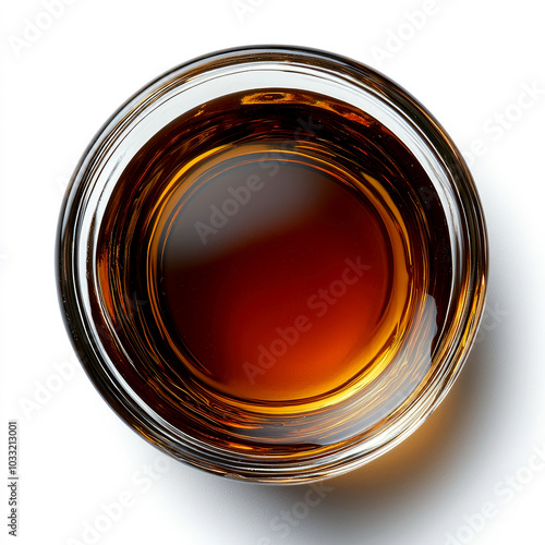 A top-down view of a glass containing a dark, amber-colored liquid.