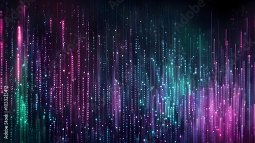 A vibrant abstract background with vertical lines in purple and teal hues.