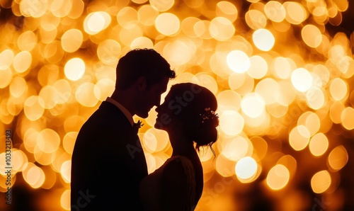 Silhouettes of couple kissing, glowing background.