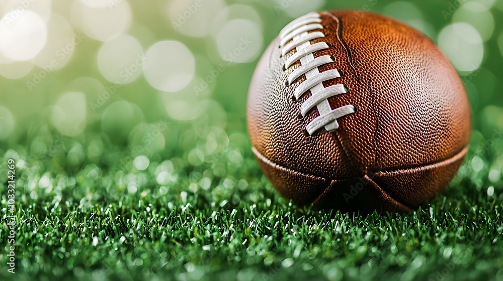 Macro view of a football on fresh, evenly textured grass, with light shadows, space above for text placement, sharp details on ball stitching. Football, Grass Field, Marketing Macro view of a football on fresh, evenly textured grass, with light shadows, space above for text placement, sharp details on ball stitching. Football, Grass Field, Marketing