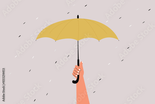 protection security concept art, raise hand holding yellow umbrella, rain snow weather, gloomy background. minimal cartoon vector 