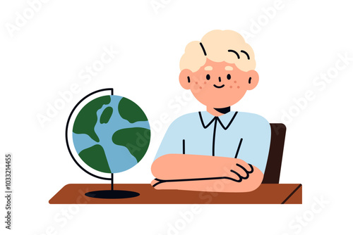 School boy studying geography with Earth globe. Happy child learning subject, sitting at desk. Cute kid student, pupil at lesson, education. Flat vector illustration isolated on white background
