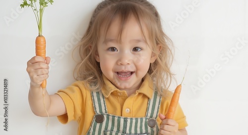 MinJi - Excited Toddler in Yellow Shirt and Striped Overalls Holding Fresh Carrot, Showcasing Joyful Connection to Healthy Food