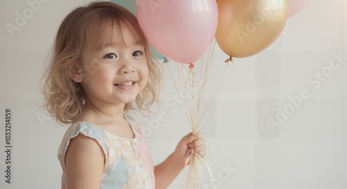 MinJi - Delighted Toddler Girl in White Dress Holding Colorful Balloons, Embodying Celebration and Childhood Joy