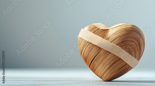 Minimalist image of a wooden heart with adhesive plasters, table texture in the background, negative space for text, symbolizing mending and emotional resilience