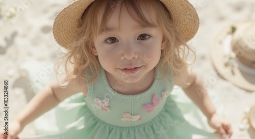 MinJi - Carefree Young Girl in Straw Hat and Mint Green Dress, Twirling in Sunlight with Arms Outstretched