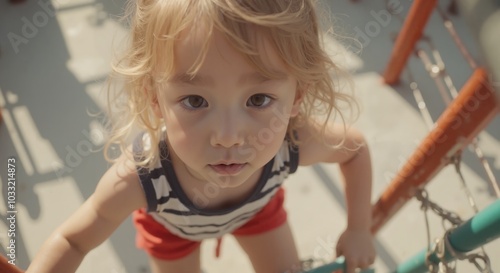 MinJi - Adventurous Toddler Girl Climbing Playground Equipment, Showcasing Childhood Bravery and Exploration