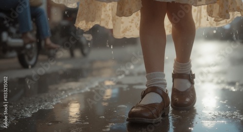 MinJi - Close-up of Child's Feet in Mary Jane Shoes Splashing in Rain Puddle, Capturing Playful Rainy Day Joy