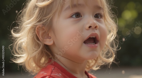 MinJi - Awestruck Young Girl with Curly Blonde Hair Gazing Upward, Embodying Wonder and Childhood Amazement