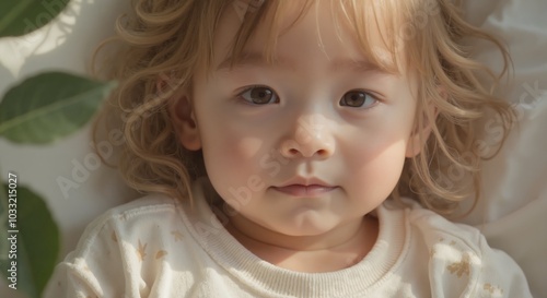 MinJi - Pensive Toddler Girl in White Sweater, Close-up Portrait Showcasing Thoughtful Childhood Expression