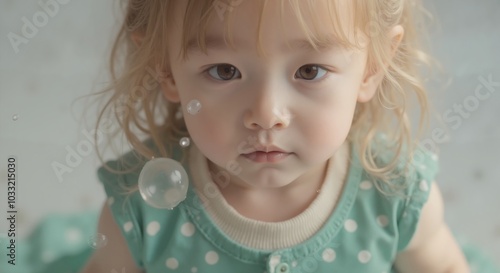 MinJi - Gentle Young Girl in Teal Top Observing Soap Bubble, Capturing Quiet Moments of Childhood Fascination