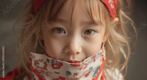 MinJi - Charming Girl in Floral Bandana and Red Top, Capturing Sweet and Stylish Childhood Fashion Moment