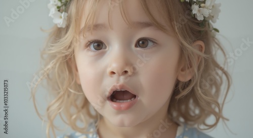 MinJi - Excited Young Girl with Curly Blonde Hair and Open Mouth, Embodying Surprise and Enthusiasm in Childhood