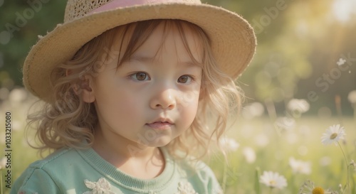MinJi - Whimsical Young Girl in Straw Hat Amidst Dandelions, Capturing Dreamy Childhood Moments in Nature