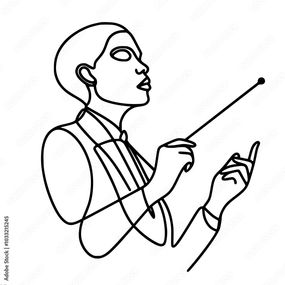 Outline vector drawing of a conductor waving his baton, close up, done in a minimalist style with one continuous line Outline vector drawing of a conductor waving his baton, close up, done in a minimalist style with one continuous line