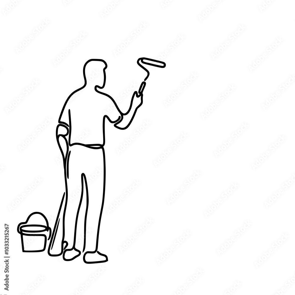 Outline vector drawing of a man with a roller painting an empty wall, done in a minimalist style with one continuous line Outline vector drawing of a man with a roller painting an empty wall, done in a minimalist style with one continuous line