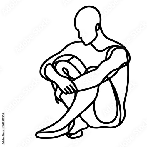 Contour vector drawing of a man sitting in thought with his legs tucked under him, a moment of reflection, made in a minimalist style with one continuous line