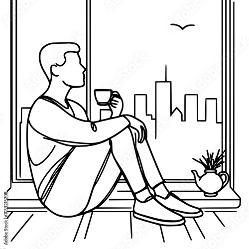 An outline vector drawing of a man with a cup of hot tea sitting on a windowsill with a cityscape outside the window, conveying a moment of relaxation and reflection, done in a minimalist style with o
