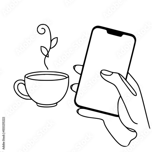 Contour vector minimalistic drawing of a hand holding a smartphone next to a cup from which steam rises