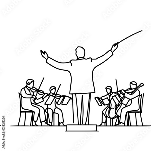 Contour vector drawing of a conductor on a pedestal and an orchestra of violins, made in a minimalist style with one continuous line