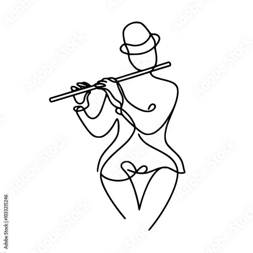 Linear vector minimalistic drawing of a flautist in a hat playing the flute, made in a minimalistic style, black lines on a white background