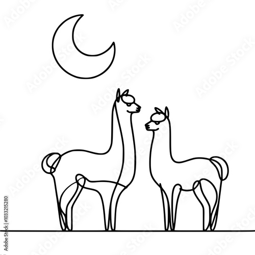 Contour vector minimalistic drawing of two llamas under the moon, made in a minimalist style with continuous lines.