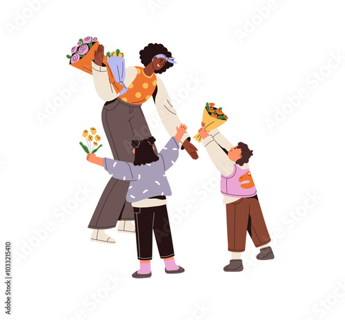 Happy children presenting flowers to favourite teacher. Kids give bouquets to woman to appreciate, thank. Celebrating of Teachers Day in school. Flat isolated vector illustration on white background