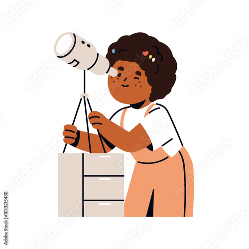 Girl with telescope, studying astronomy, observing stars, space. Happy African school kid learning in observatory. Child student stargazing. Flat vector illustration isolated on white background