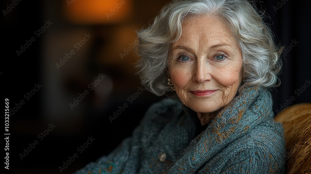 A senior woman with curly gray hair smiles warmly while seated indoors in a cozy and well-lit setting during evening