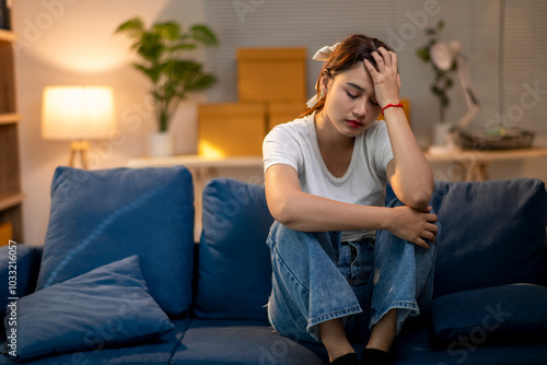 A woman is sitting on a couch with her head in her hands photo