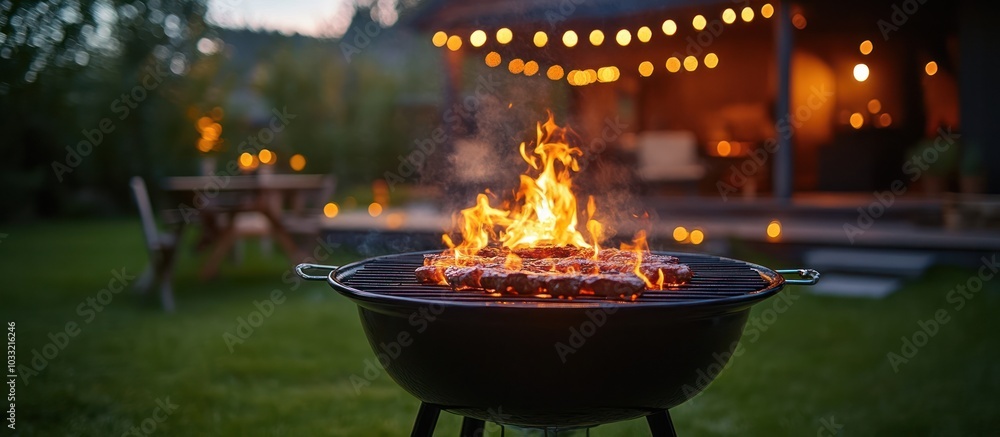 Charcoal grill with flames and sausages cooking in the backyard with a patio behind it.