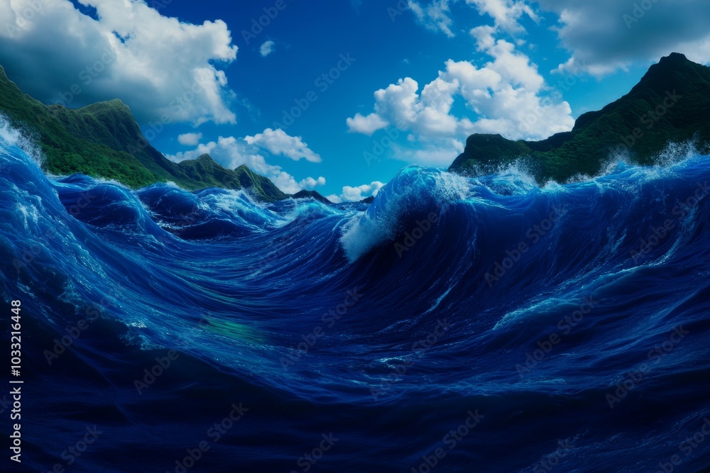 Fototapeta premium Dynamic Ocean Waves Crashing Against Lush Green Mountains, A Powerful Display of Nature's Force. Generative AI
