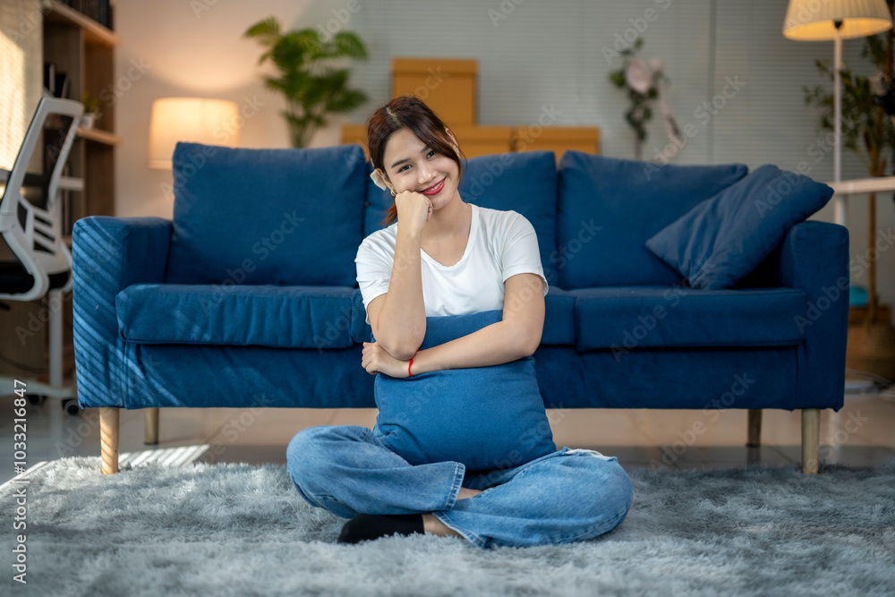 A woman sits on the floor in front of a blue couch A woman sits on the floor in front of a blue couch